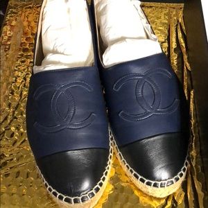 Authentic Chanel espadrilles Lambskin navy black